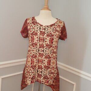 FYLO Floral Paisley Print Handkerchief Hem Stretch Short Sleeve Boho Tunic Top M